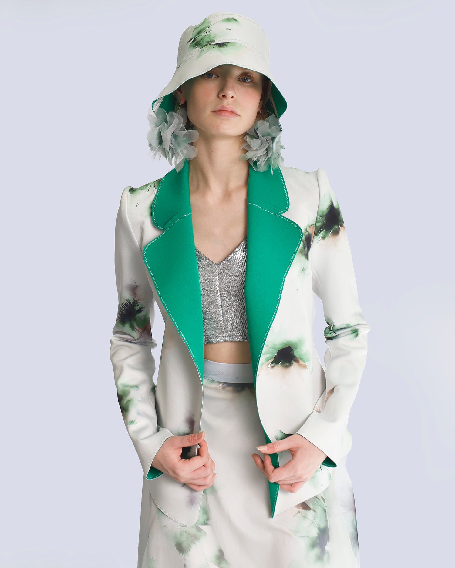 Maison Marie Saint Pierre | Jacket | JENNA2 | Aqua Lily Green | Jade | Earrings | JANAR | Aqua Lily Green