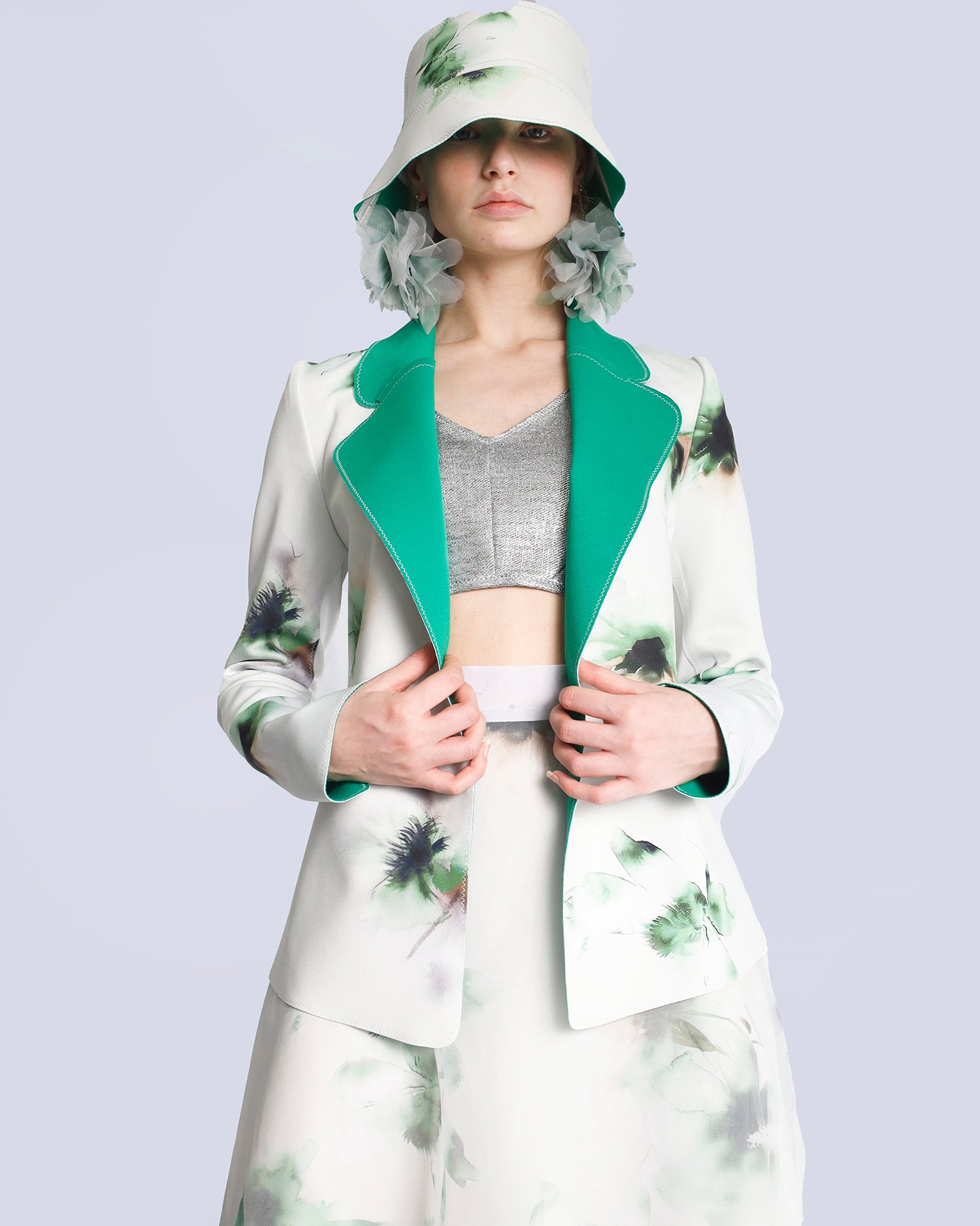 Maison Marie Saint Pierre | Jacket | JENNA2 | Aqua Lily Green | Jade | Earrings | JANAR | Aqua Lily Green