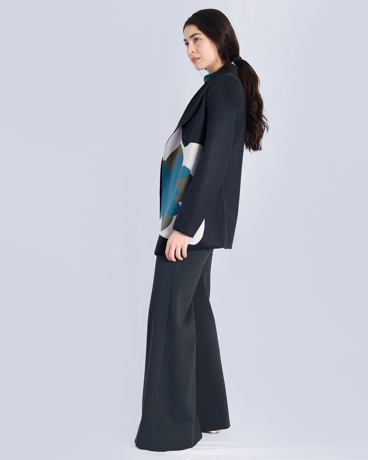 Woman wearing a black outfit with a patterned top on a white background. Maison Marie Saint Pierre | Pants | AVALON2 | GMI | Jacket | PAOLO2 | Black Wisteria Macro | Top | PAYTON | HUN