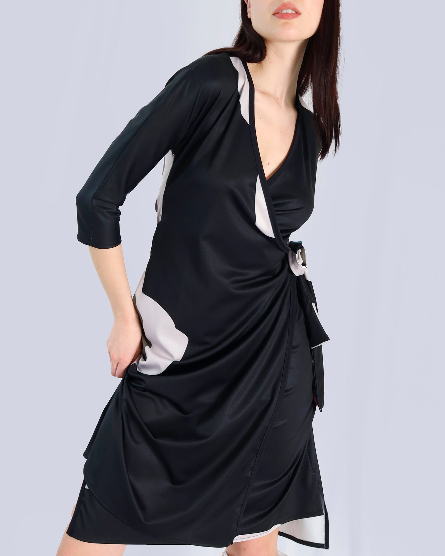 Black and white dress worn by a model on a light gray background. Maison Marie Saint Pierre | Dress | PAISLEY | Black Wisteria Macro