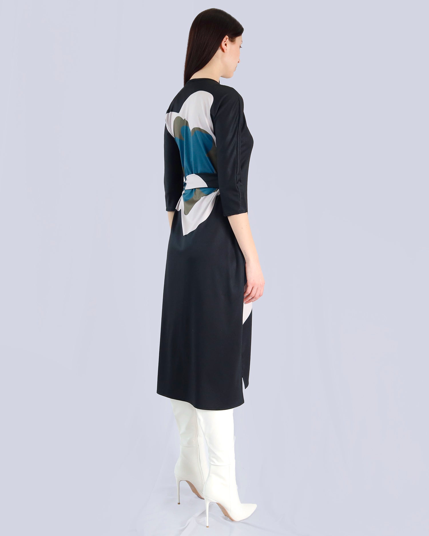 Woman wearing a black dress with abstract pattern on a light gray background. Maison Marie Saint Pierre | Dress | PAISLEY | Black Wisteria Macro