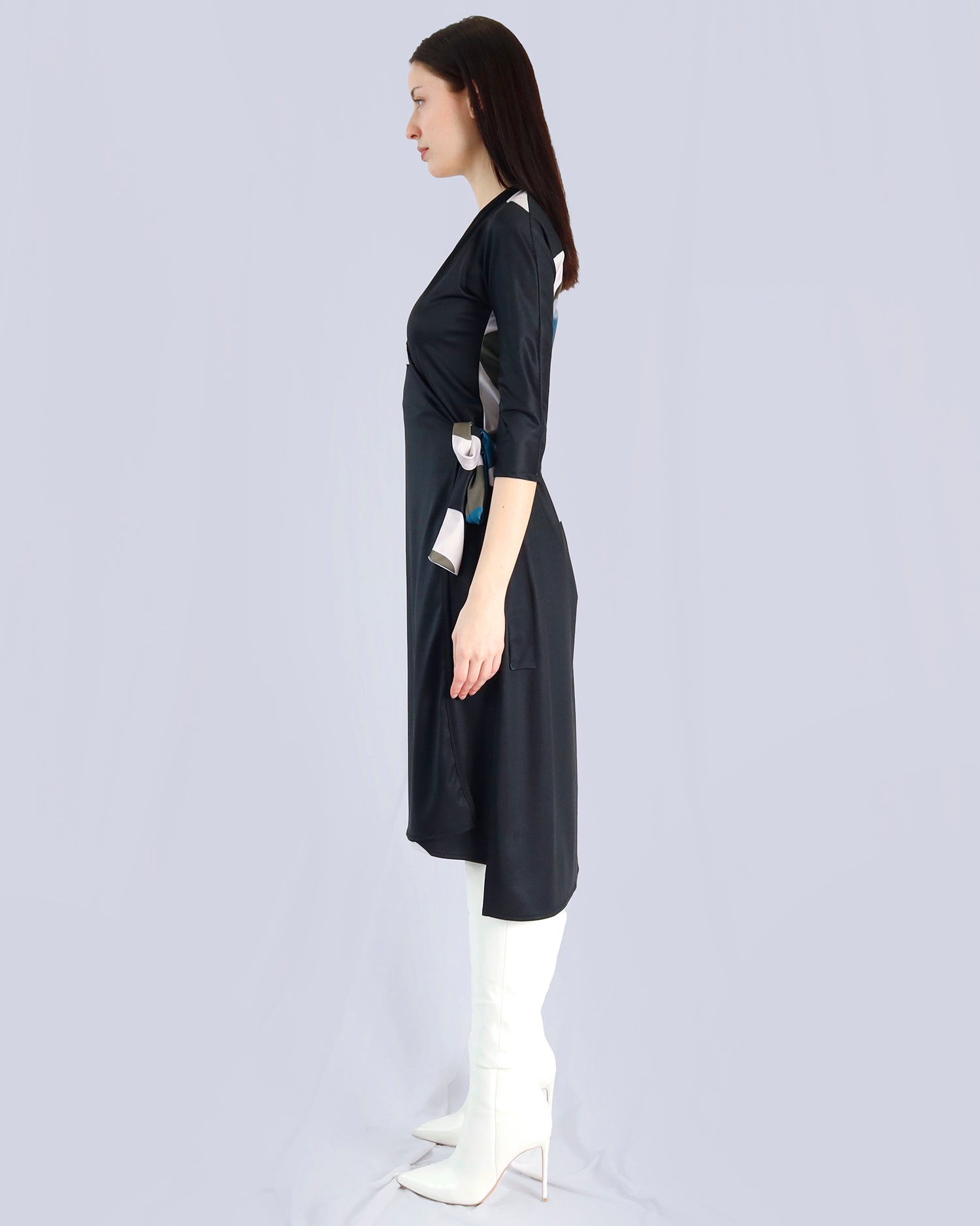 Woman wearing a black dress with a white background. Maison Marie Saint Pierre | Dress | PAISLEY | Black Wisteria Macro