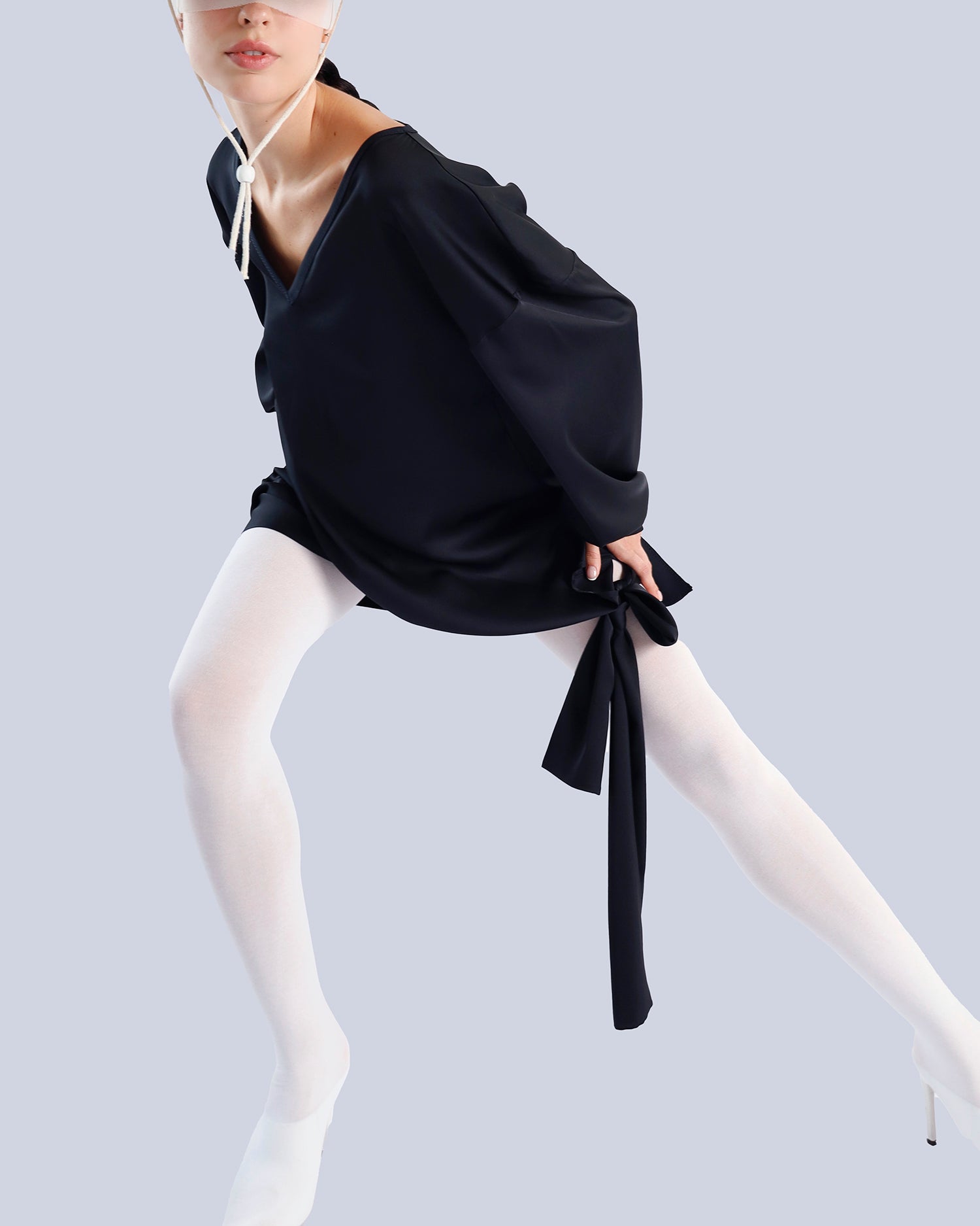Ballerina in a black outfit with white tights on a light gray background. Maison Marie Saint Pierre | Tunique | PELLEGRINA | Black 